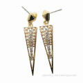 Triangle Drop Earrings Shinny Golden Casting, with Clear Rhinestones and Ivory Pearl, Nickel-free